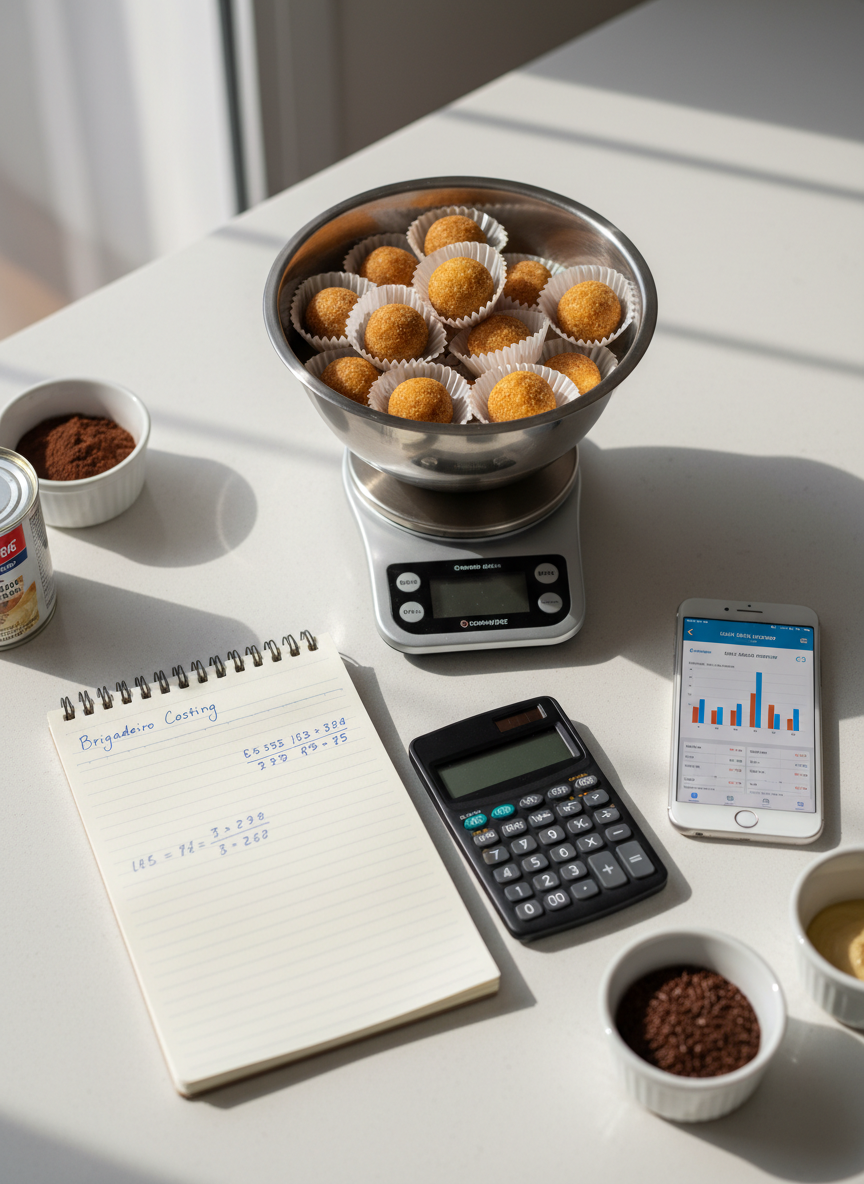 A close-up overhead view of a pristine white kitchen counter with a carefully arranged food cost and pricing setup: a digital kitchen scale weighing a batch of golden-brown brigadeiros in paper cups, a neat open notebook with handwritten price calculations, a calculator, and a smartphone displaying a sales dashboard. Soft diffused daylight from an unseen window illuminates the workspace, creating minimal shadows and a calm, focused mood. Around the edges, small bowls with ingredients like cocoa powder and condensed milk hint at production. Photographic realism, clean and professional look, with sharp focus on the tools of culinary business and subtle bokeh on the background counter.