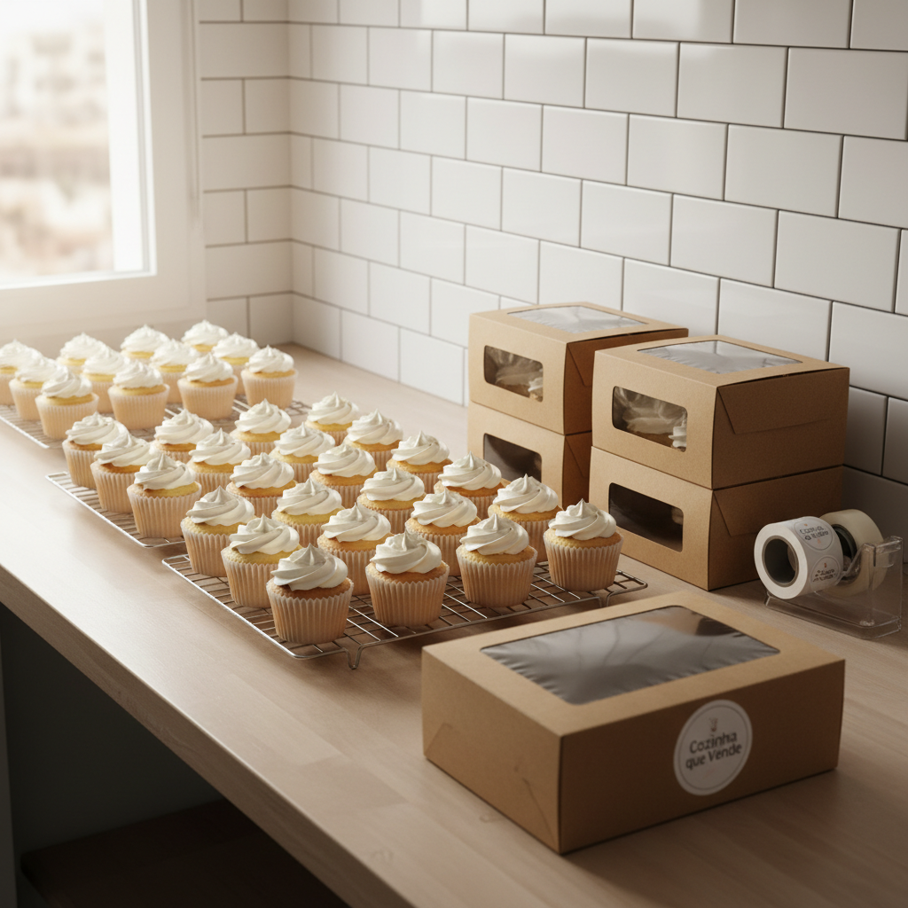 A well-organized home baking station dedicated to online orders: cooling racks lined with uniform cupcakes in simple white liners, rows of plain kraft pastry boxes with transparent windows, and a roll of branded stickers that say “Cozinha que Vende”. The station sits on a light wood countertop against spotless white subway tiles. Warm, indirect afternoon light from the side creates soft highlights on the frosting and packaging, adding depth without harsh shadows. Composition in rule of thirds, photographic realism, with a balanced, professional mood that suggests efficiency, quality control, and readiness for delivery in a small culinary business.